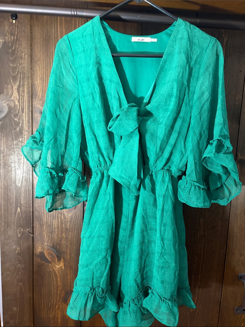 Mi Ami Women’s Emerald Green Ruffle Romper – Size Small – Tie Front Boho